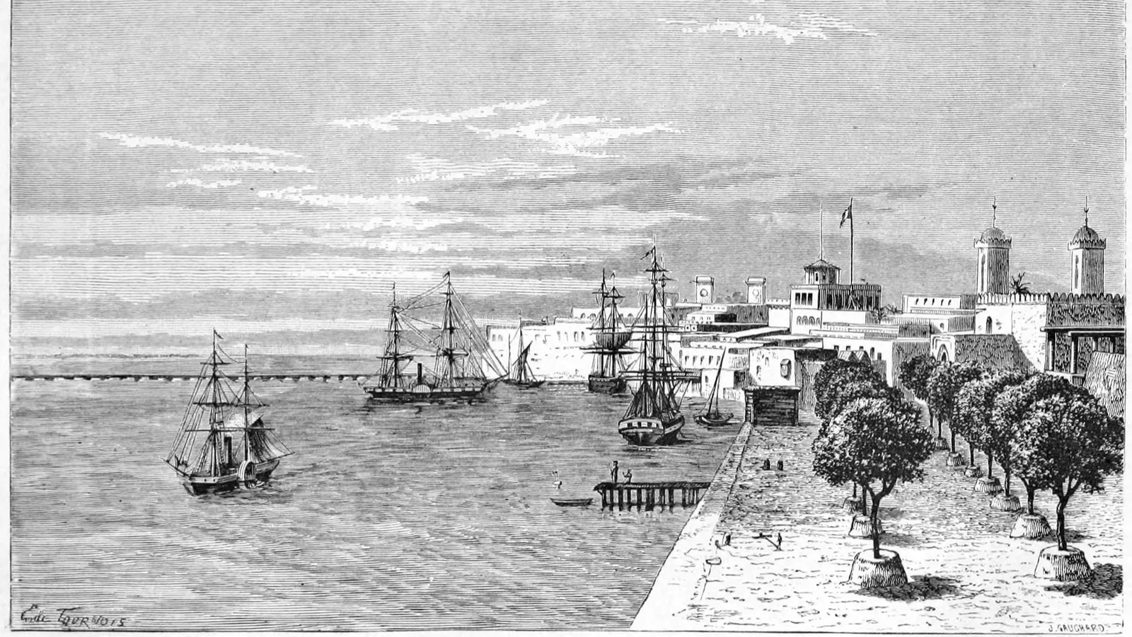 Illustration de 1868 montrant la ville de Saint-Louis du Sénégal et le fleuve